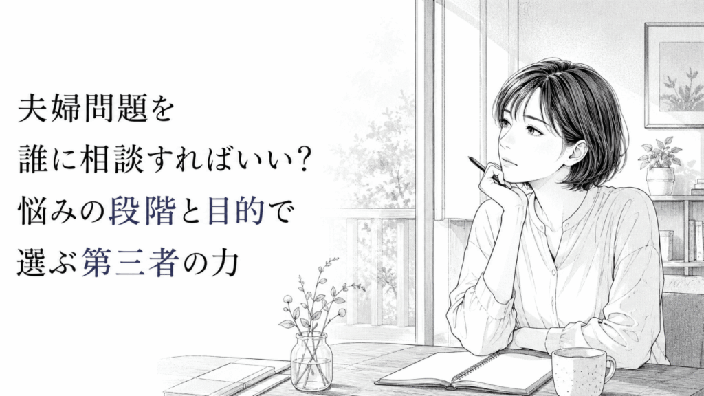 窓辺のテーブルでノートとペンを前に、夫婦問題の相談先を静かに思案する女性のモノクロ線画。