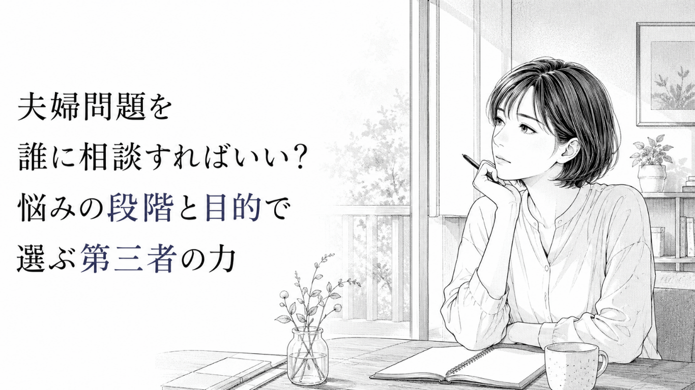 窓辺のテーブルでノートとペンを前に、夫婦問題の相談先を静かに思案する女性のモノクロ線画。