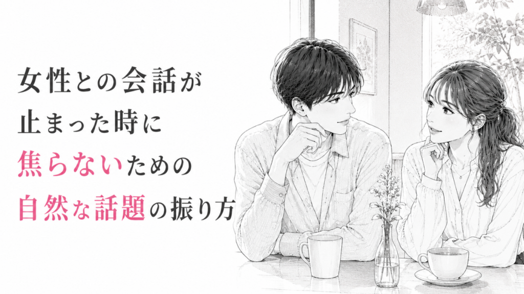 カフェで向き合い、沈黙のあとも穏やかに会話を続ける男女を描いたモノクロ漫画イラスト