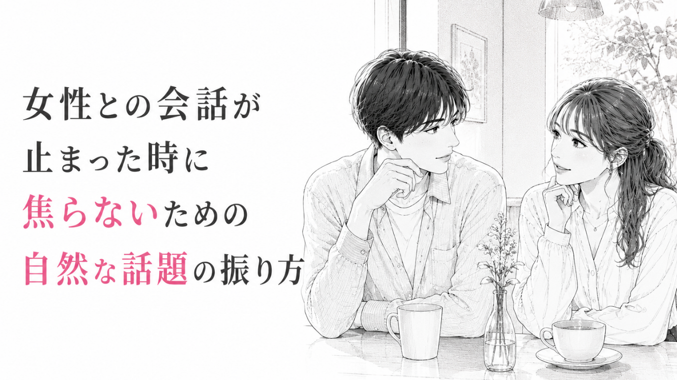 カフェで向き合い、沈黙のあとも穏やかに会話を続ける男女を描いたモノクロ漫画イラスト