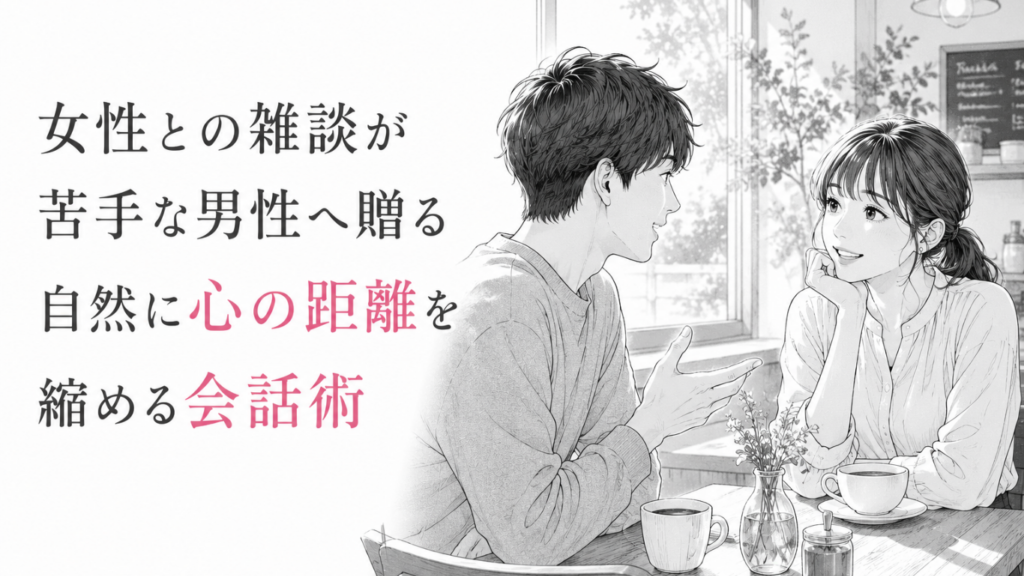 カフェで向かい合い、自然な会話を楽しみながら少しずつ心の距離を縮める男女のモノクロ漫画イラスト