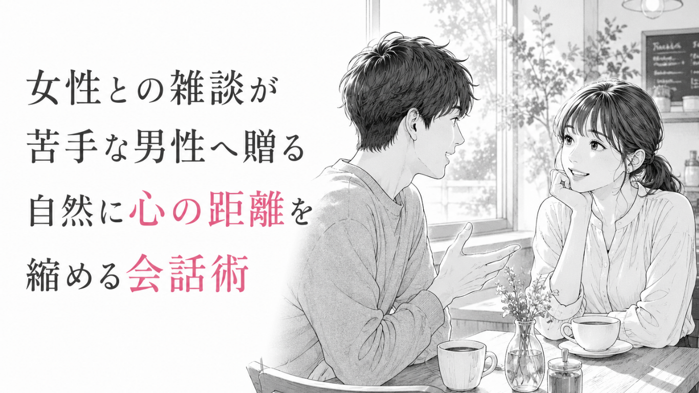 カフェで向かい合い、自然な会話を楽しみながら少しずつ心の距離を縮める男女のモノクロ漫画イラスト