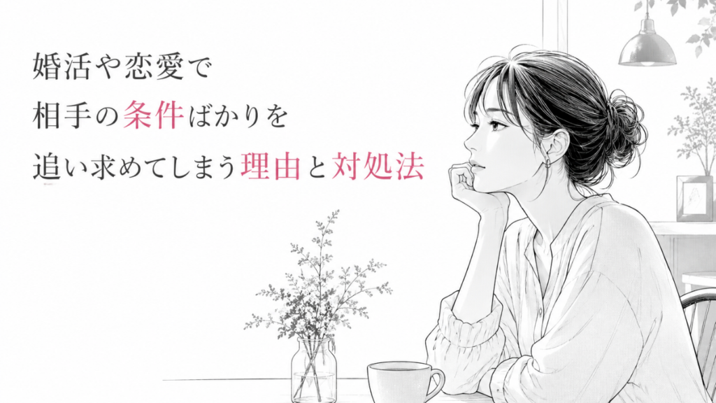 カフェの窓辺で頬杖をつき、条件にとらわれた恋愛を静かに見つめ直す女性のモノクロ漫画イラスト