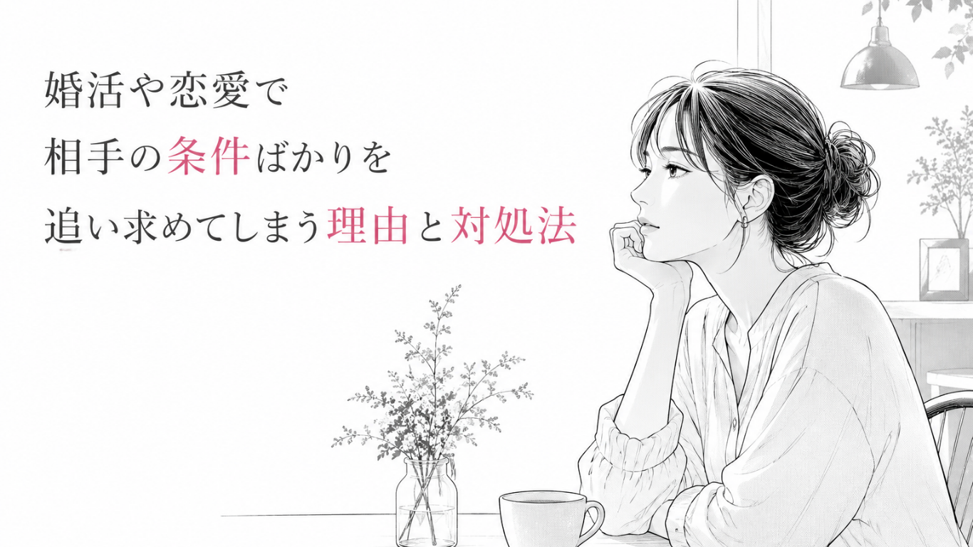 カフェの窓辺で頬杖をつき、条件にとらわれた恋愛を静かに見つめ直す女性のモノクロ漫画イラスト