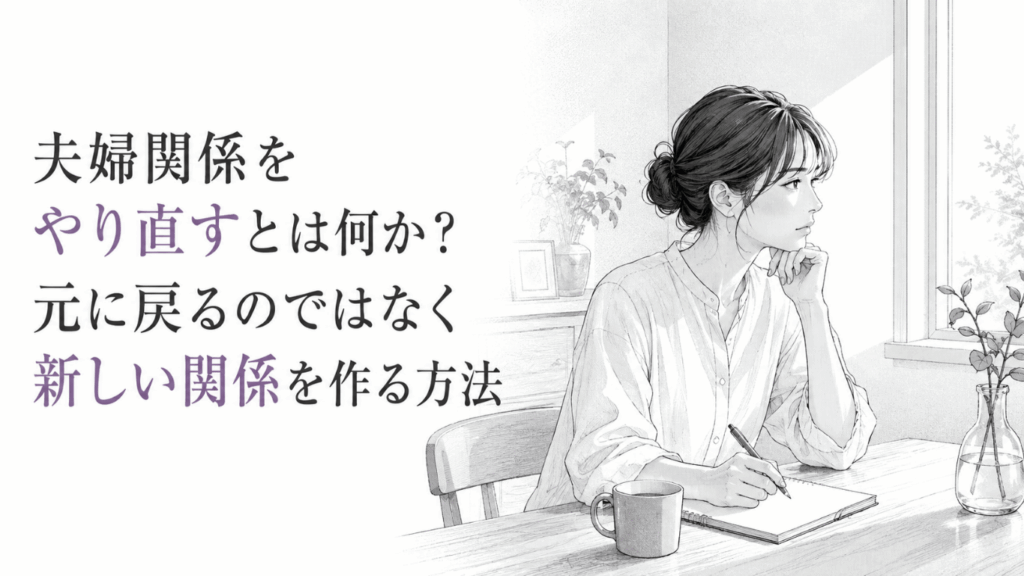 窓辺の机でノートに向かい、これからの夫婦関係を静かに考える女性のモノクロ線画。