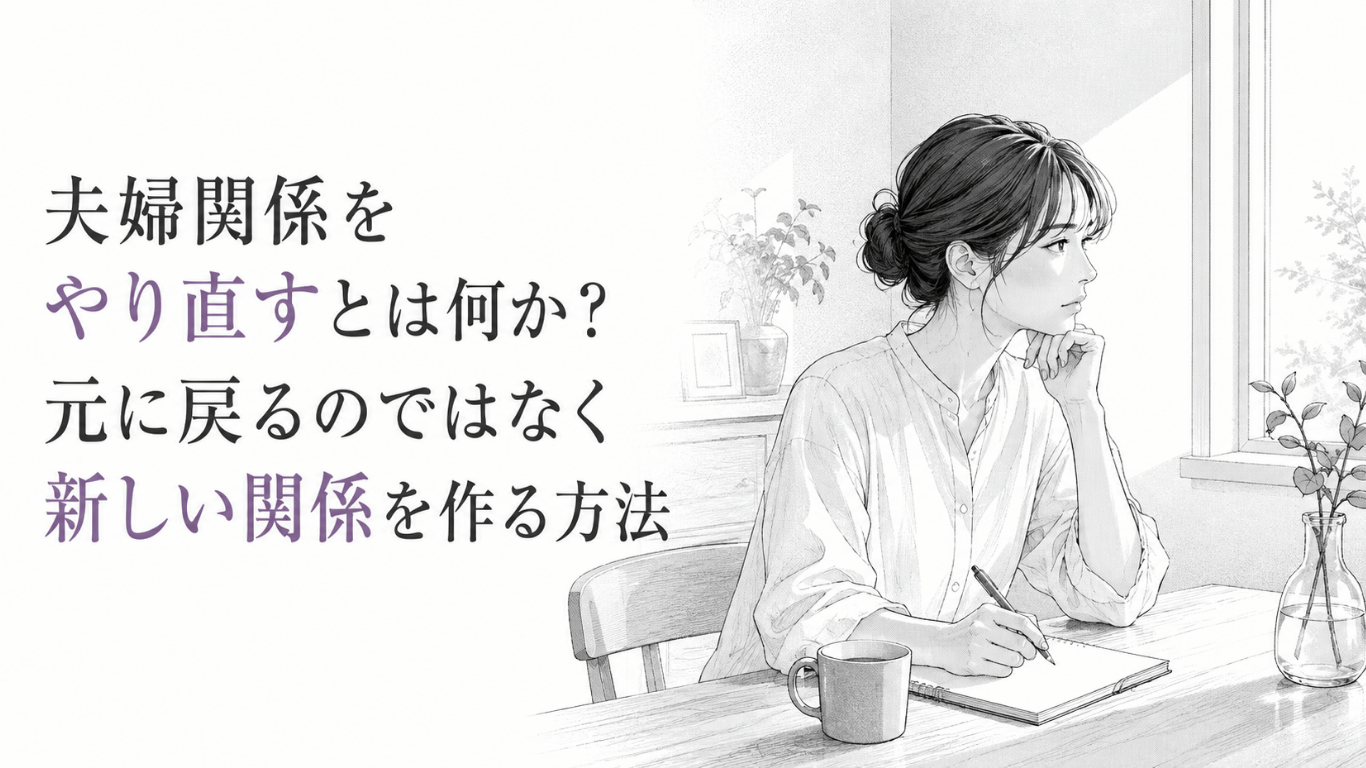 窓辺の机でノートに向かい、これからの夫婦関係を静かに考える女性のモノクロ線画。