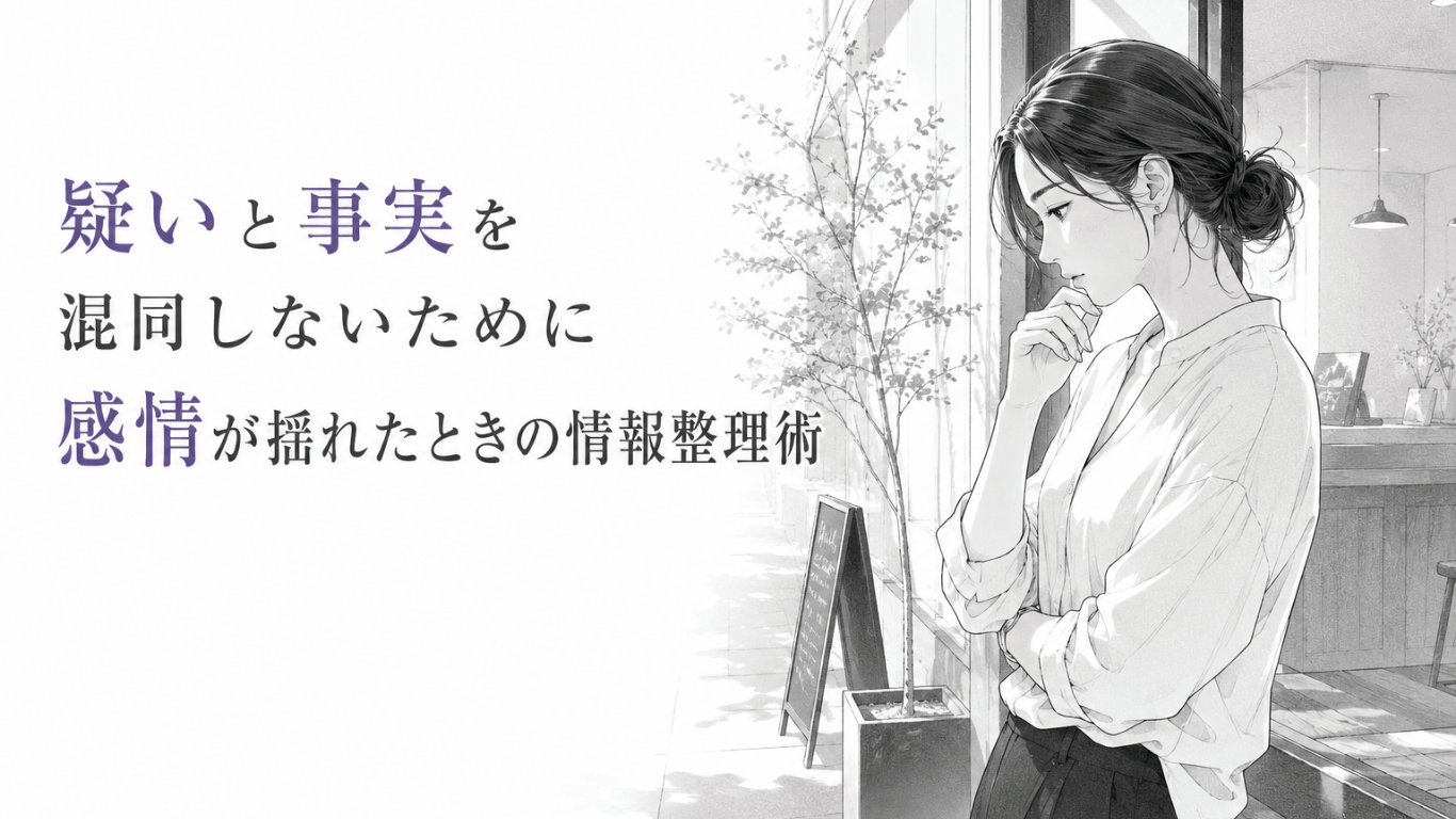 カフェの窓辺で腕を組み、口元に手を添えながら疑いと事実を静かに整理する女性。