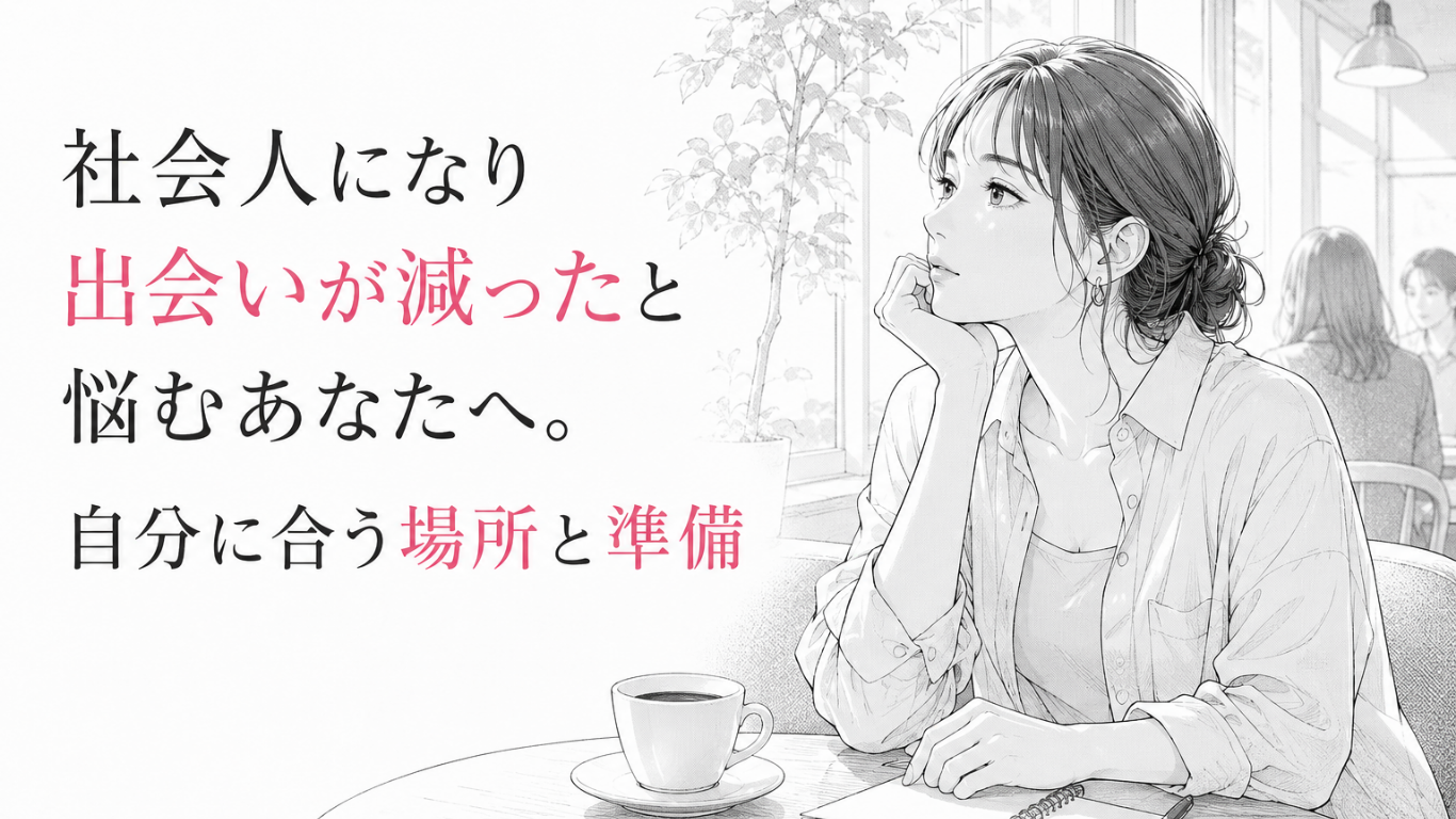 明るいカフェで窓の外を見つめながら、出会いの場と身だしなみを考える社会人女性のモノクロ漫画イラスト