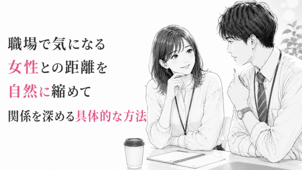 オフィスで穏やかに会話を交わし、自然に心の距離を縮める男女のモノクロ漫画イラスト