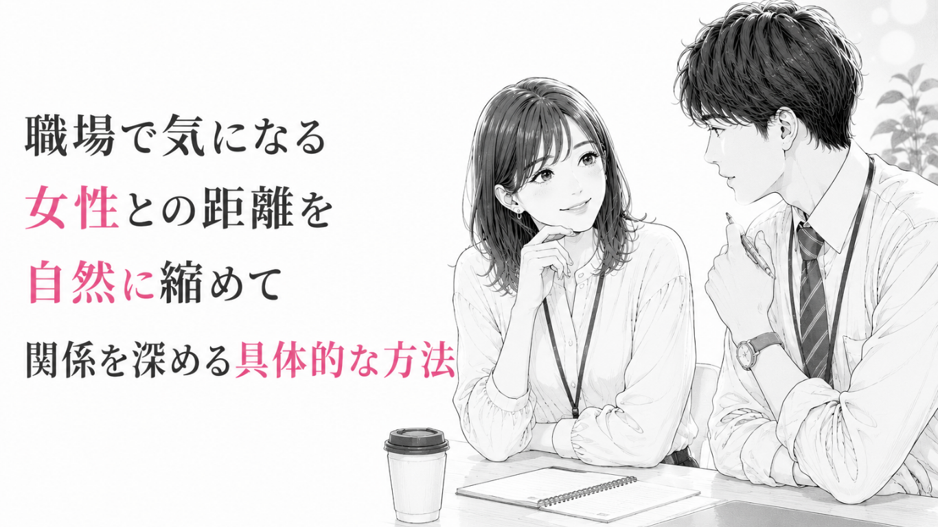 オフィスで穏やかに会話を交わし、自然に心の距離を縮める男女のモノクロ漫画イラスト