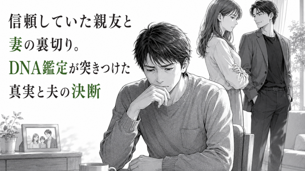 親友と妻の裏切りを知り、食卓でうつむく夫と背後で向き合う二人を描いたモノクロ漫画イラスト