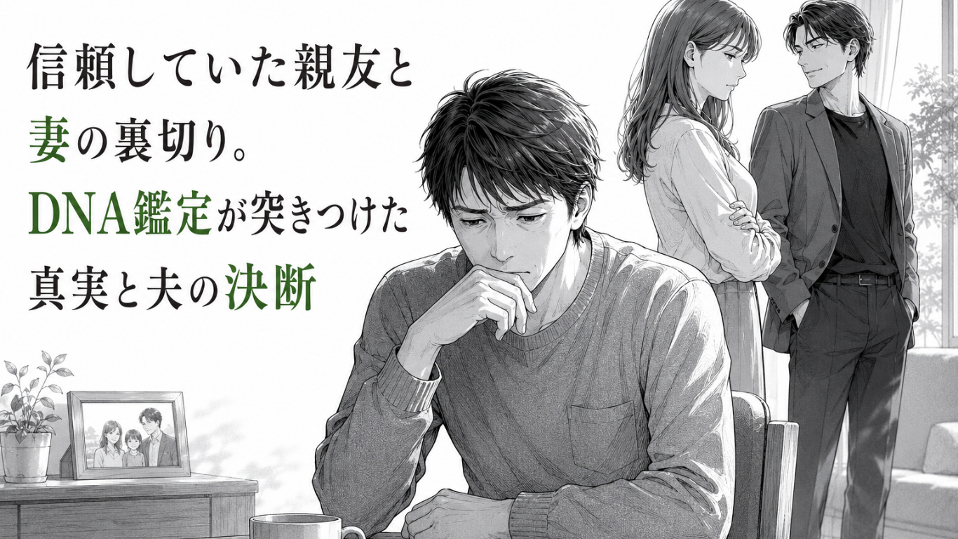 親友と妻の裏切りを知り、食卓でうつむく夫と背後で向き合う二人を描いたモノクロ漫画イラスト