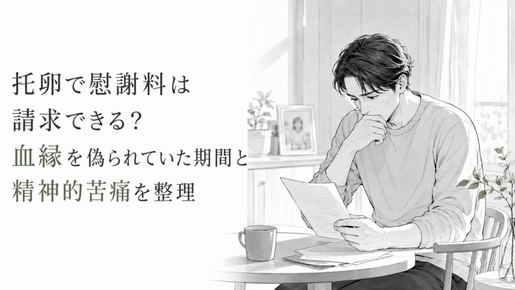 明るい室内のテーブルで書類を見つめ、血縁への疑念と精神的苦痛に沈む男性の線画イラスト