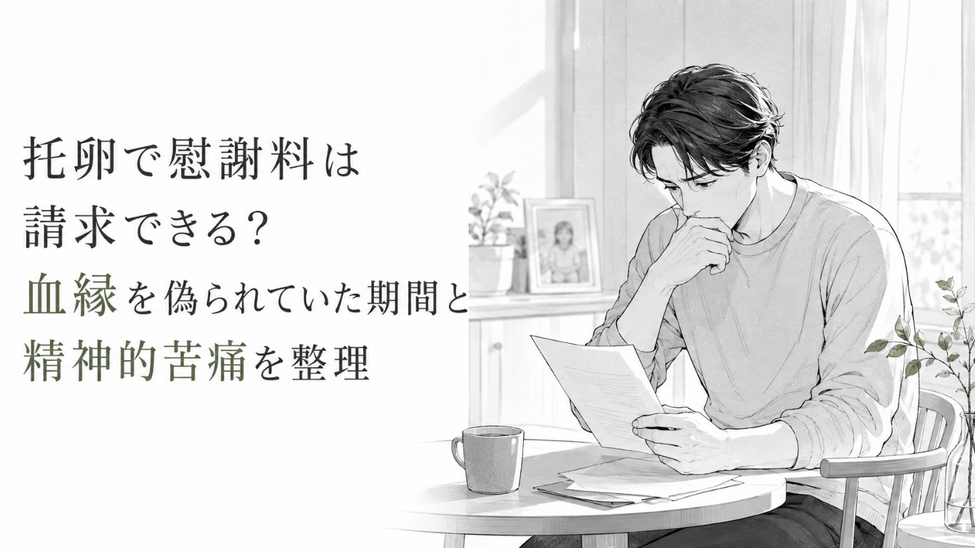明るい室内のテーブルで書類を見つめ、血縁への疑念と精神的苦痛に沈む男性の線画イラスト