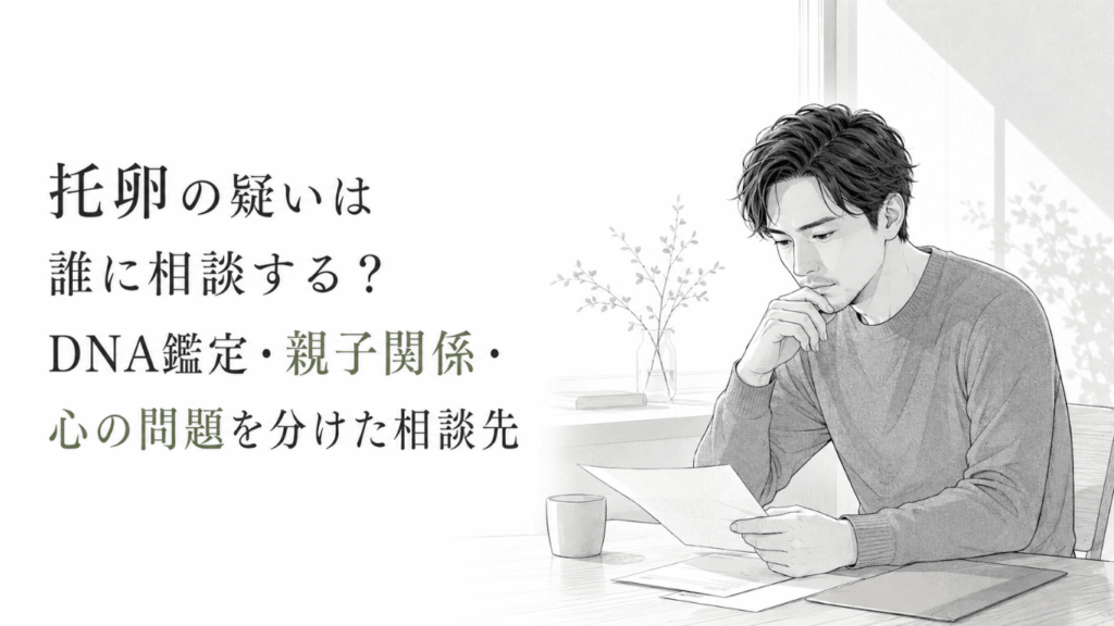 明るい室内の机で書類を手に、血縁や親子関係、心の悩みの相談先を静かに考える男性