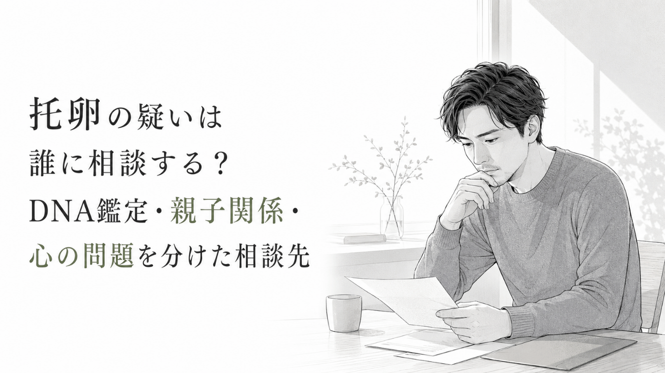 明るい室内の机で書類を手に、血縁や親子関係、心の悩みの相談先を静かに考える男性