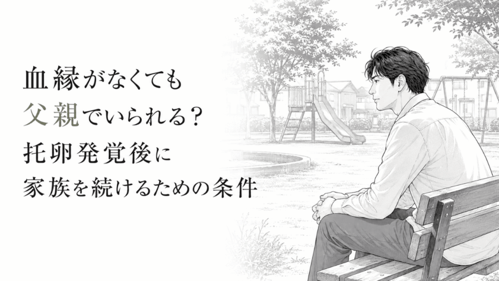 公園のベンチで遊具を見つめ、血縁のない子どもとの父親としての関係を静かに考える男性。