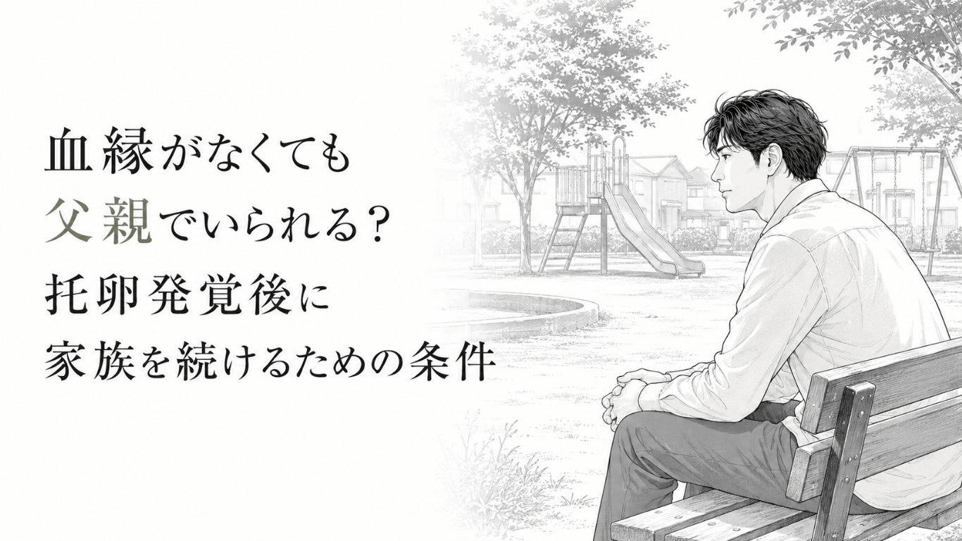 公園のベンチで遊具を見つめ、血縁のない子どもとの父親としての関係を静かに考える男性。