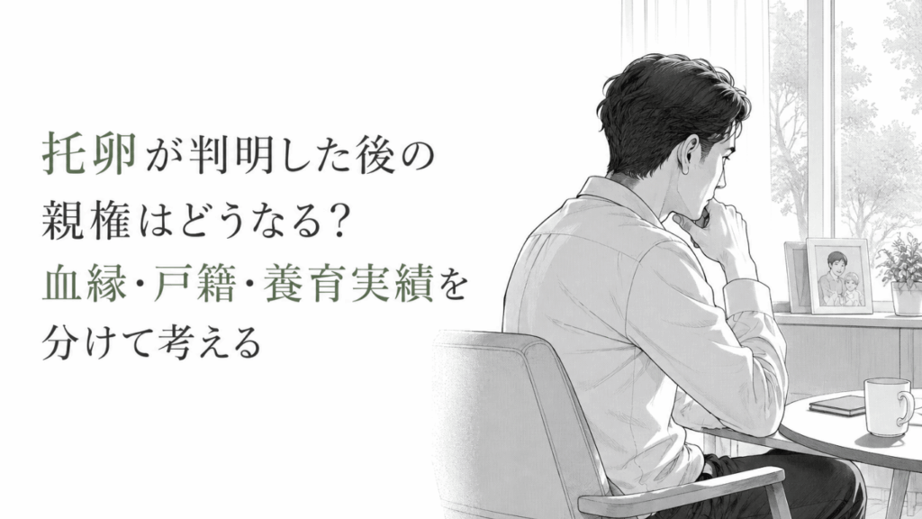 窓辺の椅子に座り、家族写真を前に親権と父親としての立場を静かに思い悩む男性のモノクロ線画