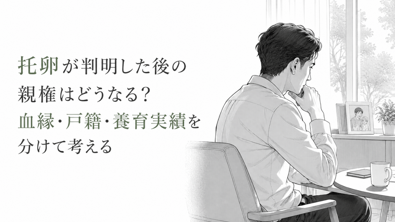 窓辺の椅子に座り、家族写真を前に親権と父親としての立場を静かに思い悩む男性のモノクロ線画