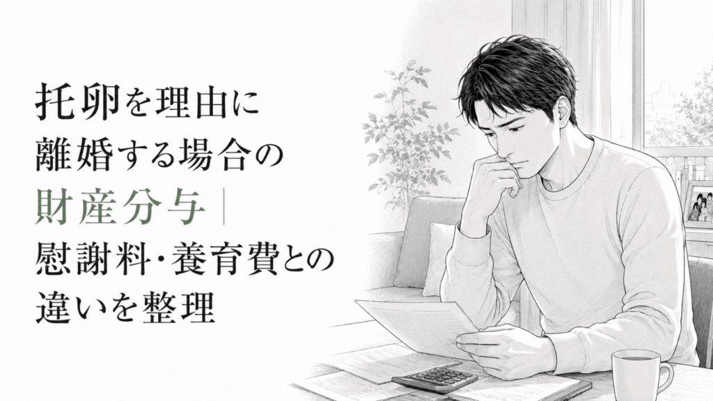 離婚に伴う財産分与や慰謝料、養育費の違いを資料で確認し、今後の対応を考える男性。