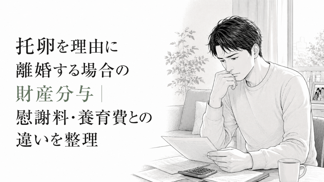 離婚に伴う財産分与や慰謝料、養育費の違いを資料で確認し、今後の対応を考える男性。