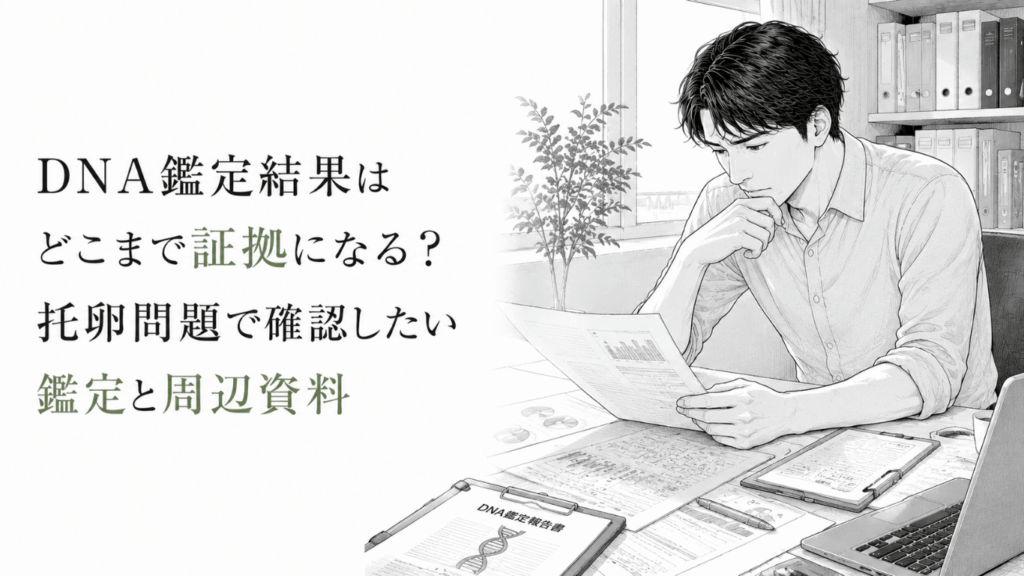 執務室でDNA鑑定結果と周辺資料を照合し、証拠として使える範囲を慎重に確認する男性。