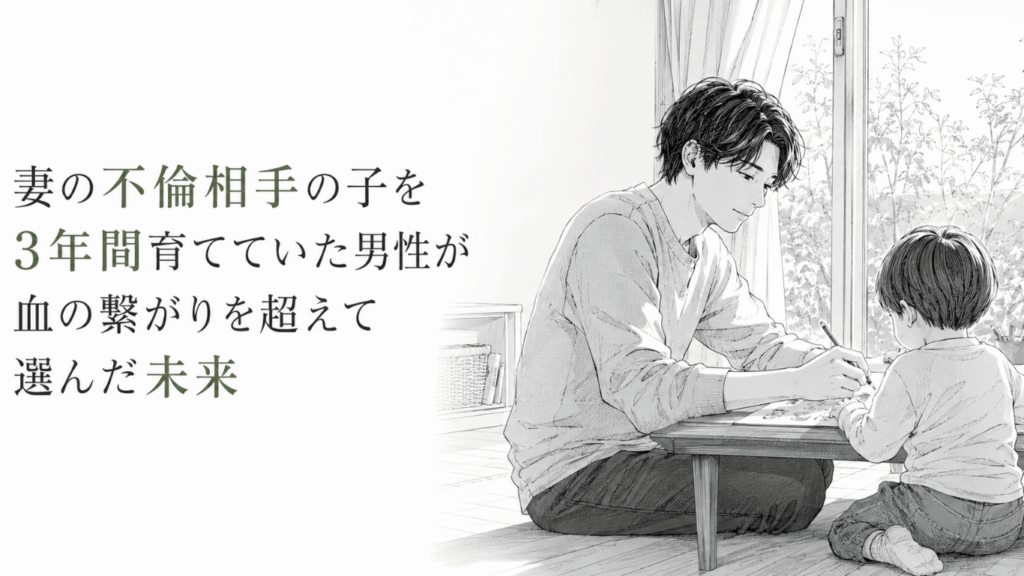 明るい室内で父親が幼い子どもと机を囲み、穏やかに絵を描く新しい日常を表した線画。