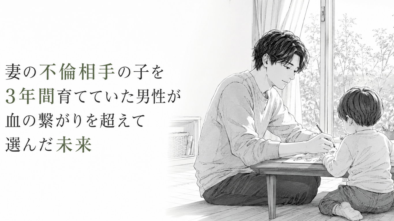 明るい室内で父親が幼い子どもと机を囲み、穏やかに絵を描く新しい日常を表した線画。