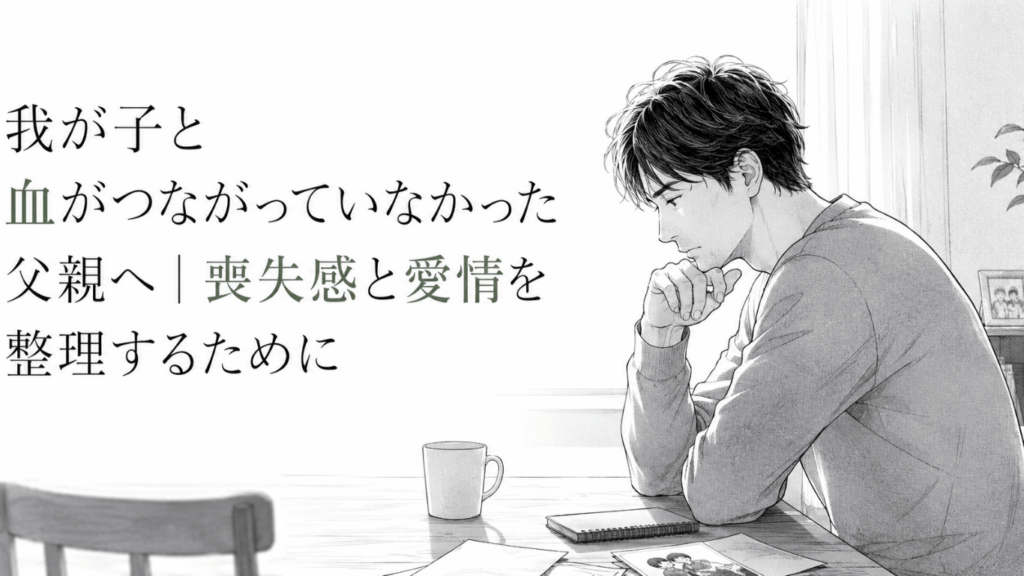 食卓で写真を前にうつむき、血縁の不在による喪失感と子どもへの愛情に揺れる父親の姿