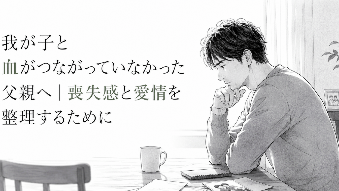 食卓で写真を前にうつむき、血縁の不在による喪失感と子どもへの愛情に揺れる父親の姿