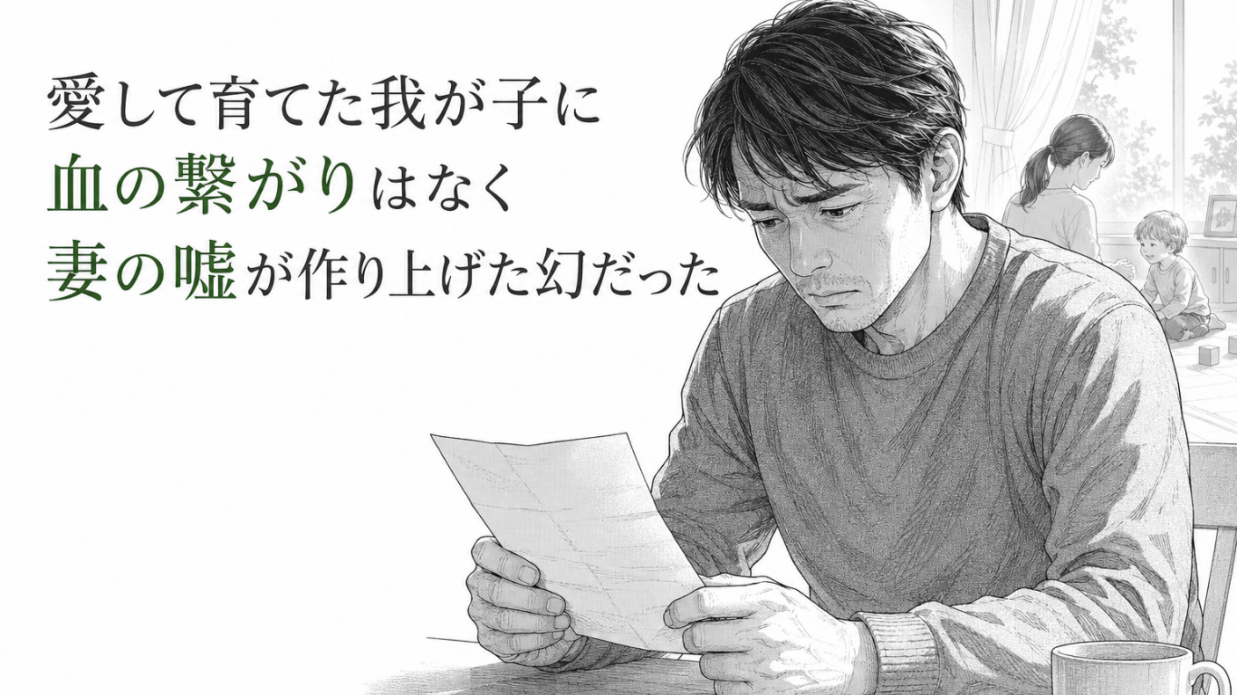 DNA鑑定書を手にうつむく父親と、遠くに妻子の姿が淡く描かれたモノクロ漫画イラスト