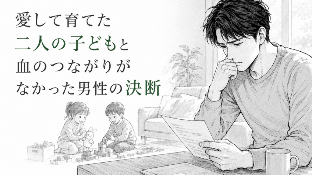 DNA鑑定の結果を手に苦悩する父親と、背景で無邪気に遊ぶ二人の子どもを描いたモノクロ漫画イラスト
