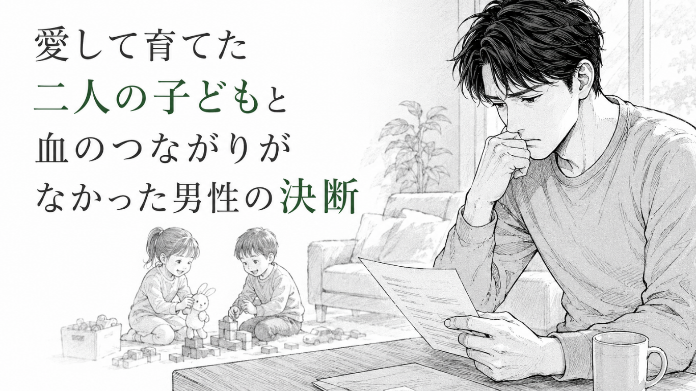 DNA鑑定の結果を手に苦悩する父親と、背景で無邪気に遊ぶ二人の子どもを描いたモノクロ漫画イラスト