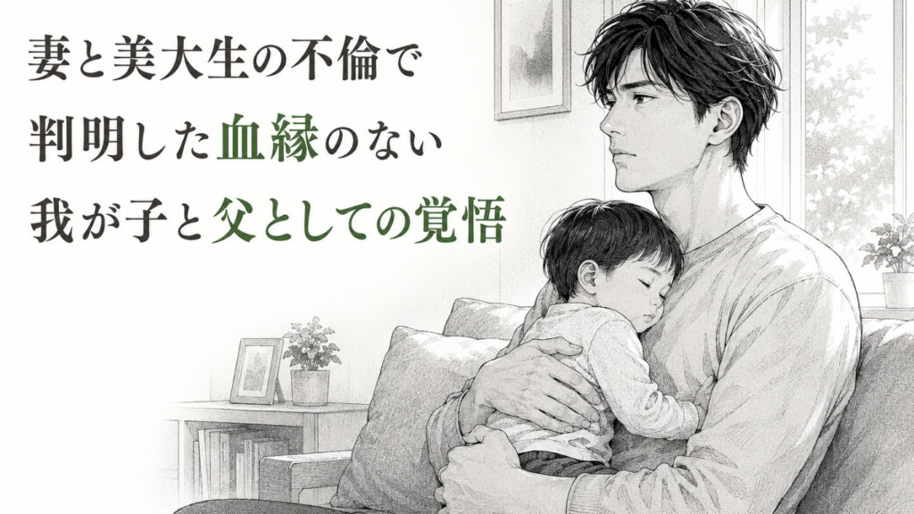血縁のない幼い子どもを胸に抱き、父として守り抜く覚悟を固める男性のモノクロ漫画イラスト