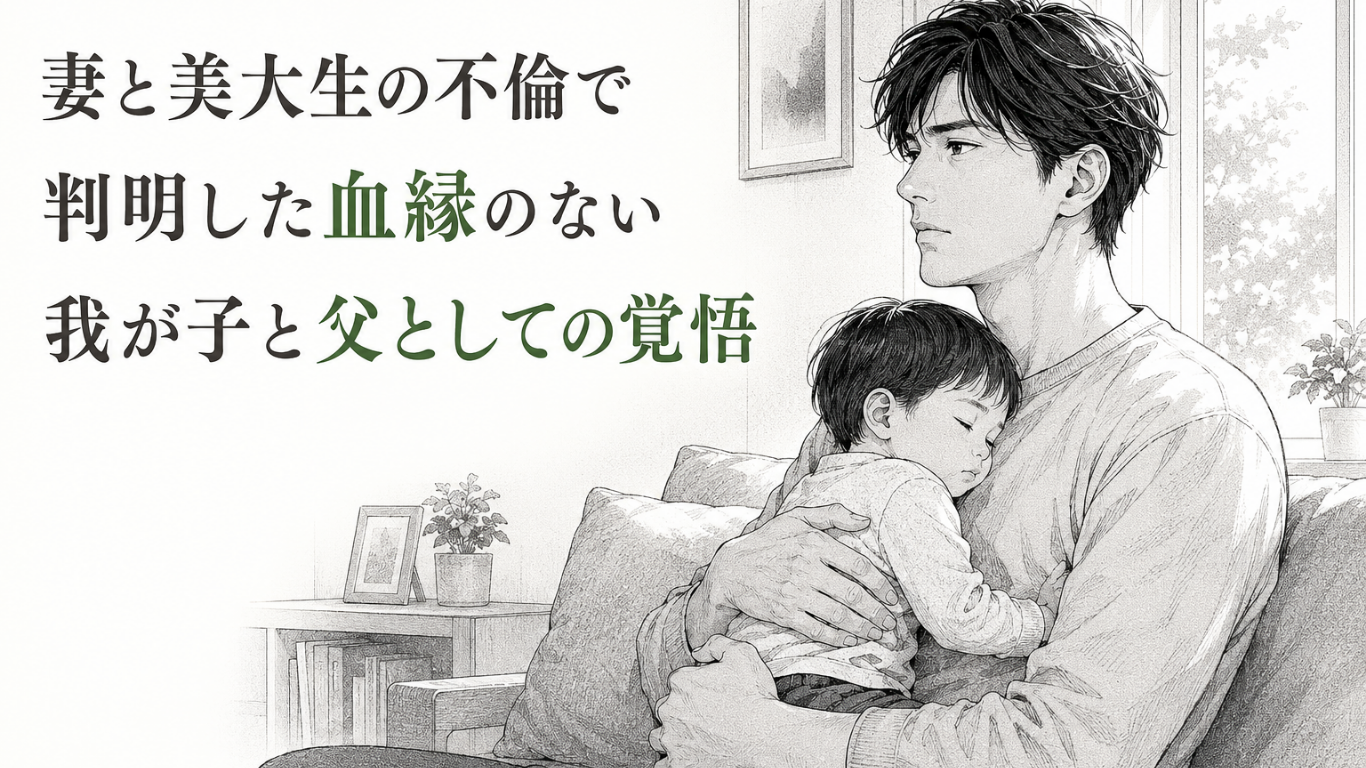 血縁のない幼い子どもを胸に抱き、父として守り抜く覚悟を固める男性のモノクロ漫画イラスト