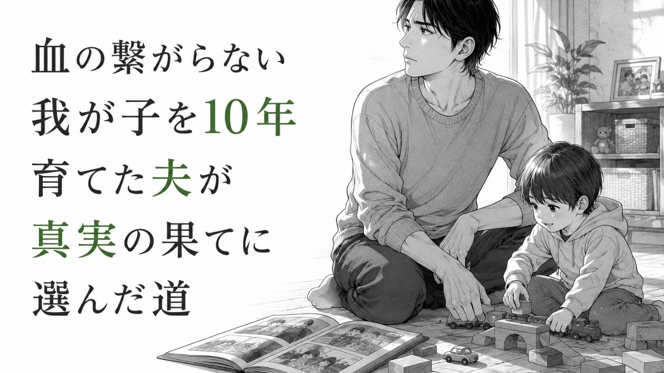 血縁のない事実を知った後も、床で遊ぶ子どもを静かに見守る父親の覚悟を描いたモノクロ漫画イラスト