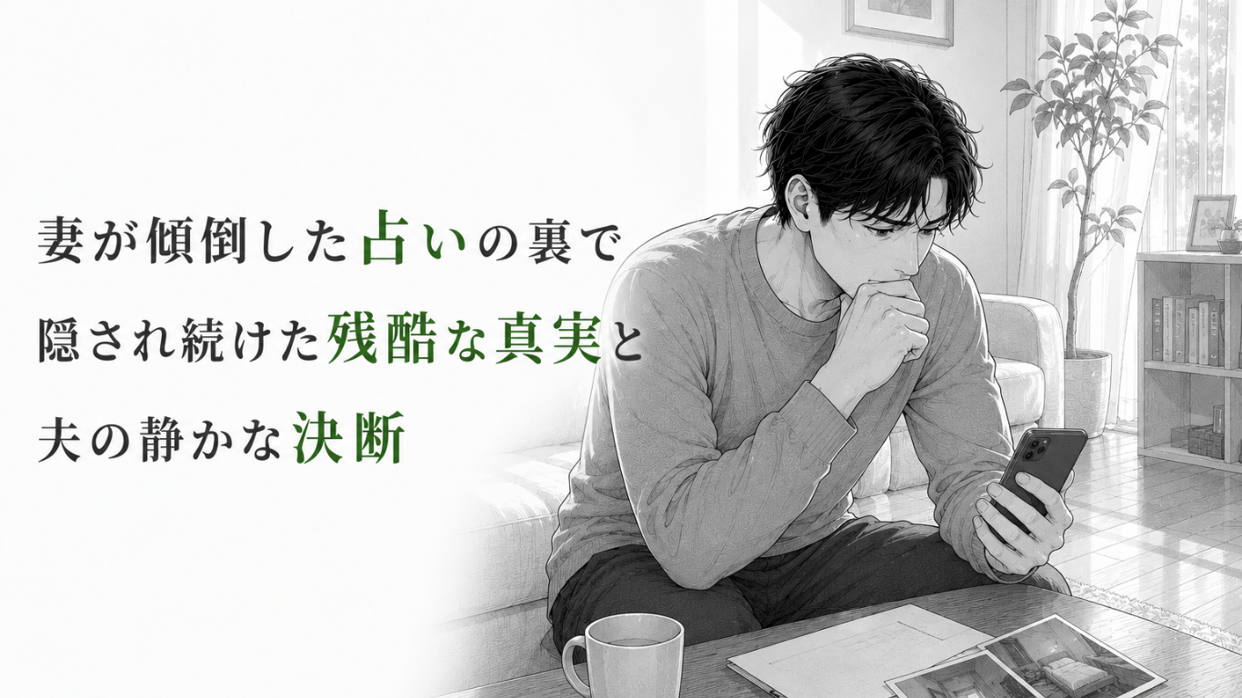 スマートフォンを見つめながら、妻と占い師の裏切りに静かに苦悩する夫のモノクロ漫画イラスト