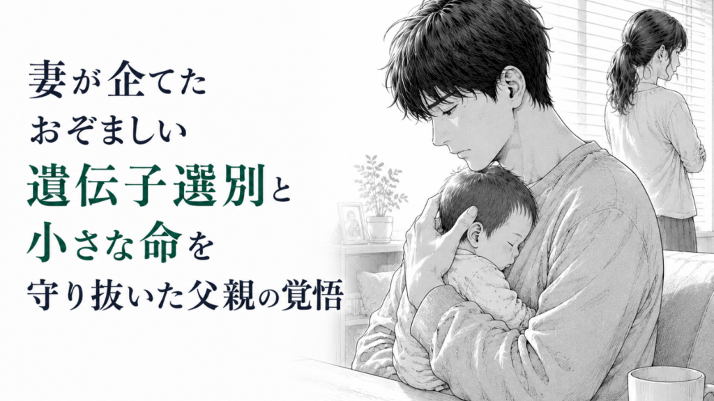 妻の裏切りに傷つきながら、眠る我が子を胸に抱いて守る決意を固める父親のモノクロ漫画イラスト