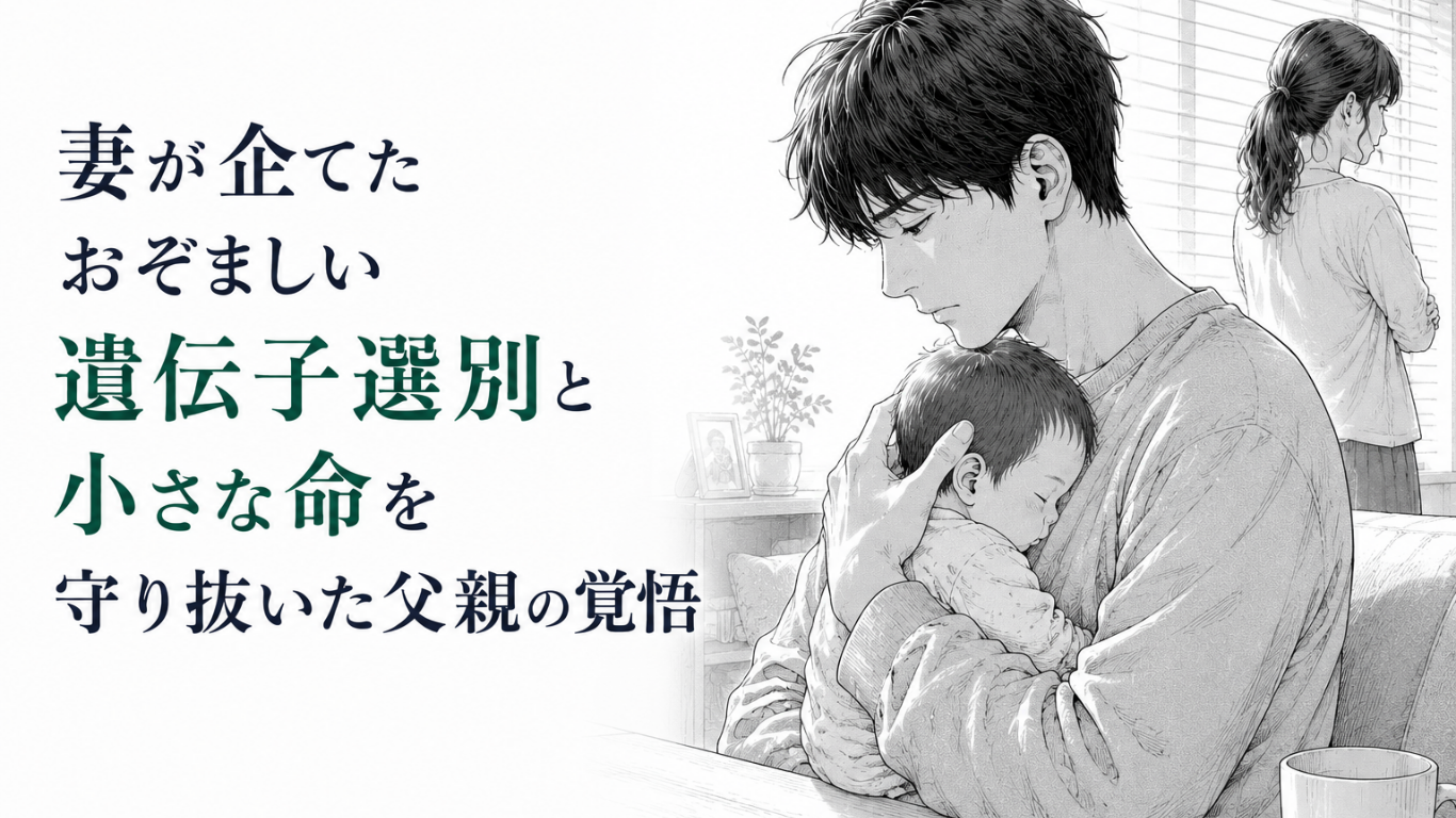 妻の裏切りに傷つきながら、眠る我が子を胸に抱いて守る決意を固める父親のモノクロ漫画イラスト