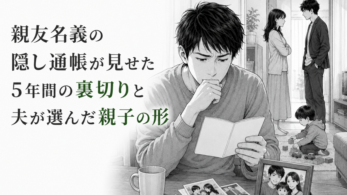 隠し通帳を見つめて苦悩する父親と、妻や親友、遊ぶ子どもを描いたモノクロ漫画イラスト