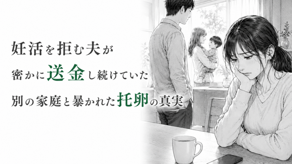 妊活を拒む夫の秘密を知り、別の家庭と托卵の真実に傷つく妻を描いたモノクロ漫画イラスト