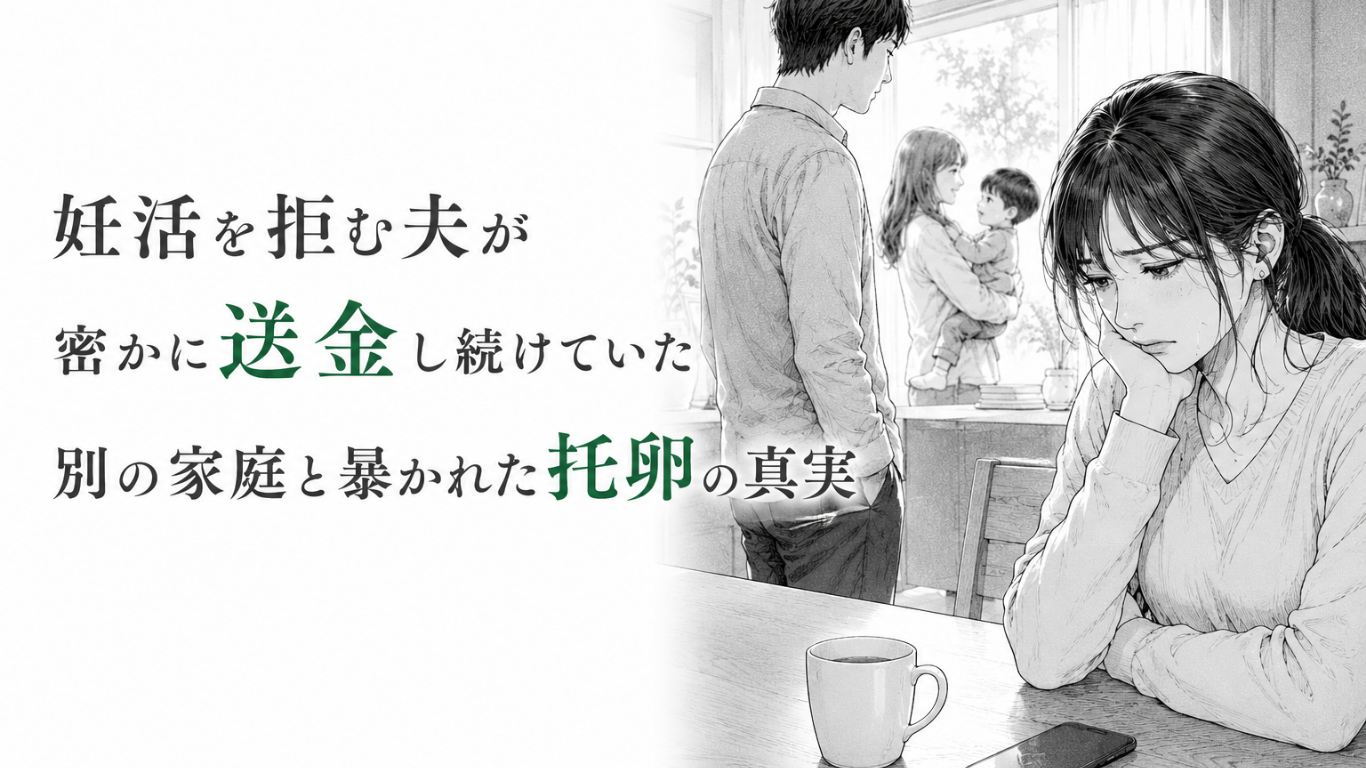 妊活を拒む夫の秘密を知り、別の家庭と托卵の真実に傷つく妻を描いたモノクロ漫画イラスト