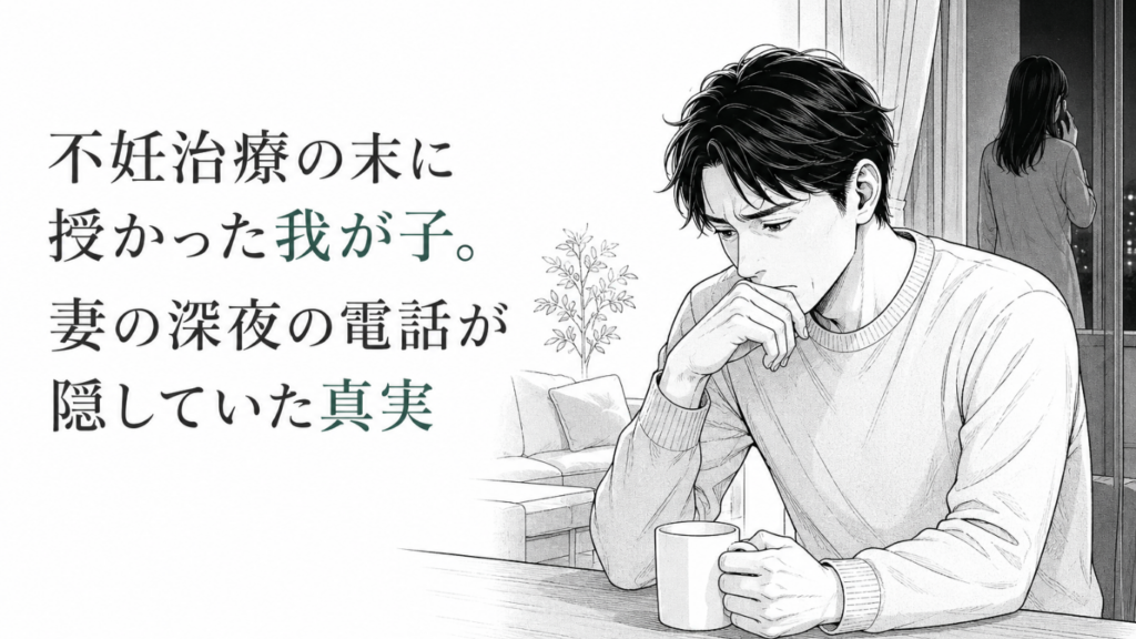 深夜に電話する妻を背に、食卓でうつむきながら我が子の真実に苦悩する夫のモノクロ漫画イラスト