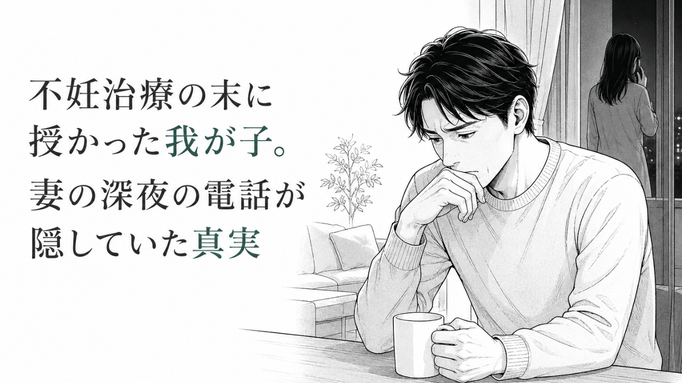 深夜に電話する妻を背に、食卓でうつむきながら我が子の真実に苦悩する夫のモノクロ漫画イラスト