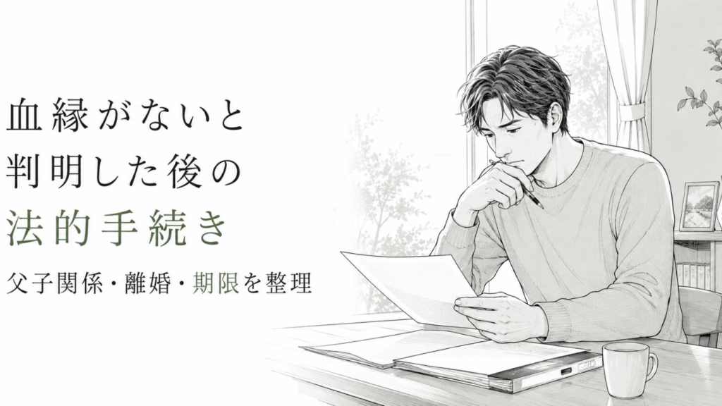 明るい書斎で書類を手に考え込む男性を描き、父子関係をめぐる法的手続きへの不安と決断を表した線画。