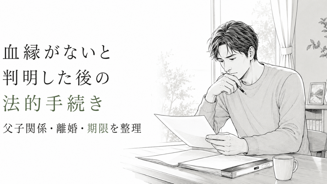 明るい書斎で書類を手に考え込む男性を描き、父子関係をめぐる法的手続きへの不安と決断を表した線画。