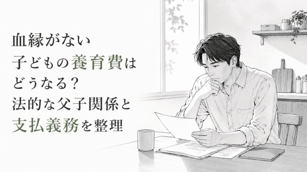 自宅の食卓で書類を読み、血縁のない子どもの養育費と法的責任に静かに思い悩む男性のモノクロ線画
