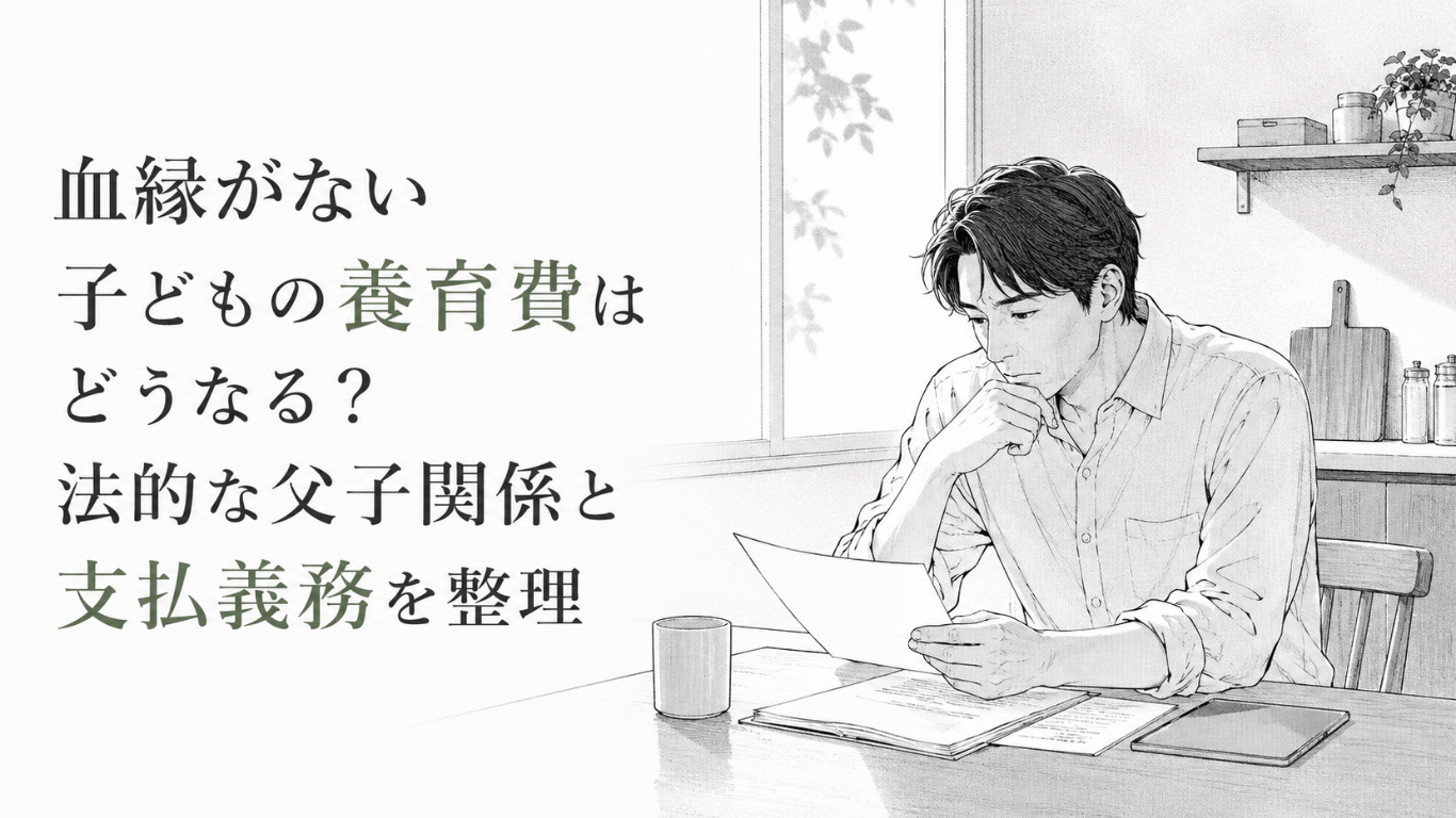 自宅の食卓で書類を読み、血縁のない子どもの養育費と法的責任に静かに思い悩む男性のモノクロ線画