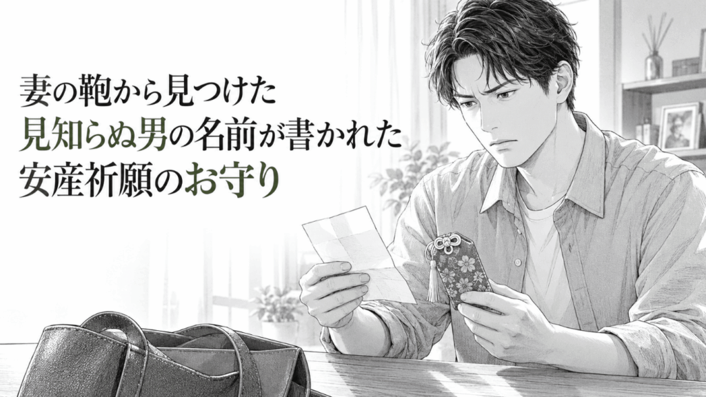 妻の鞄から安産祈願のお守りと祈祷証を見つけ、見知らぬ男の名に沈黙する夫の姿